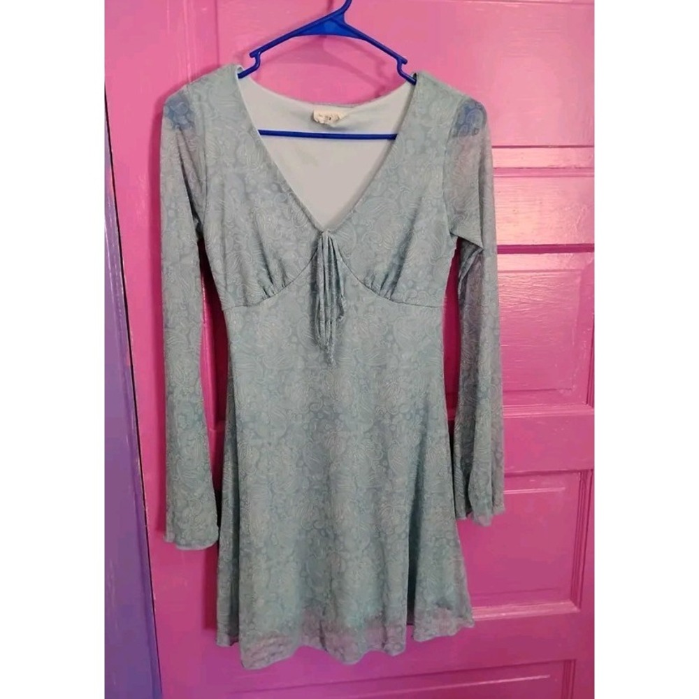 Medium Fairy Floral Blue See You Monday Dress With Sheer LongSleeves Coquette